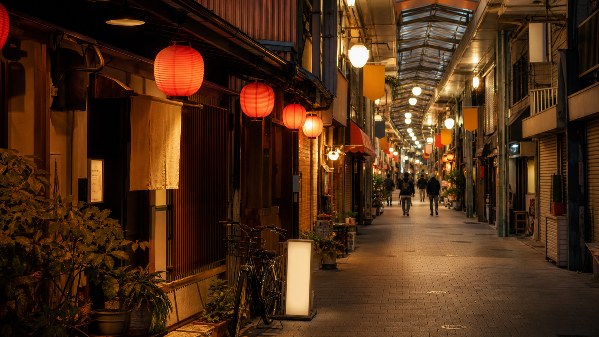 商店街のアーケードと提灯