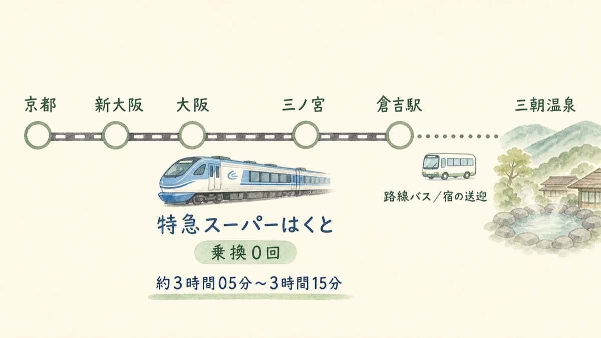 大阪から倉吉駅まで特急スーパーはくとで乗り換えなしに向かうアクセス図