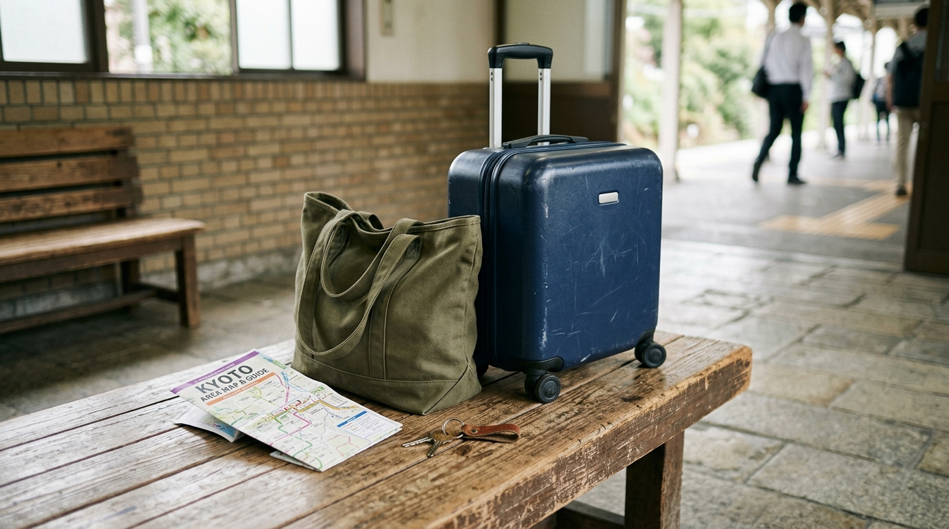 手荷物預かりや身軽な温泉街散策をイメージした旅行道具・バッグの静物写真