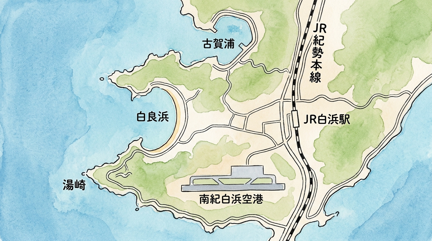 JR紀勢本線の南北縦断ルートと白浜4エリア(白良浜・湯崎・古賀浦・空港・白浜駅)の位置関係を正確に反映したマップイラスト