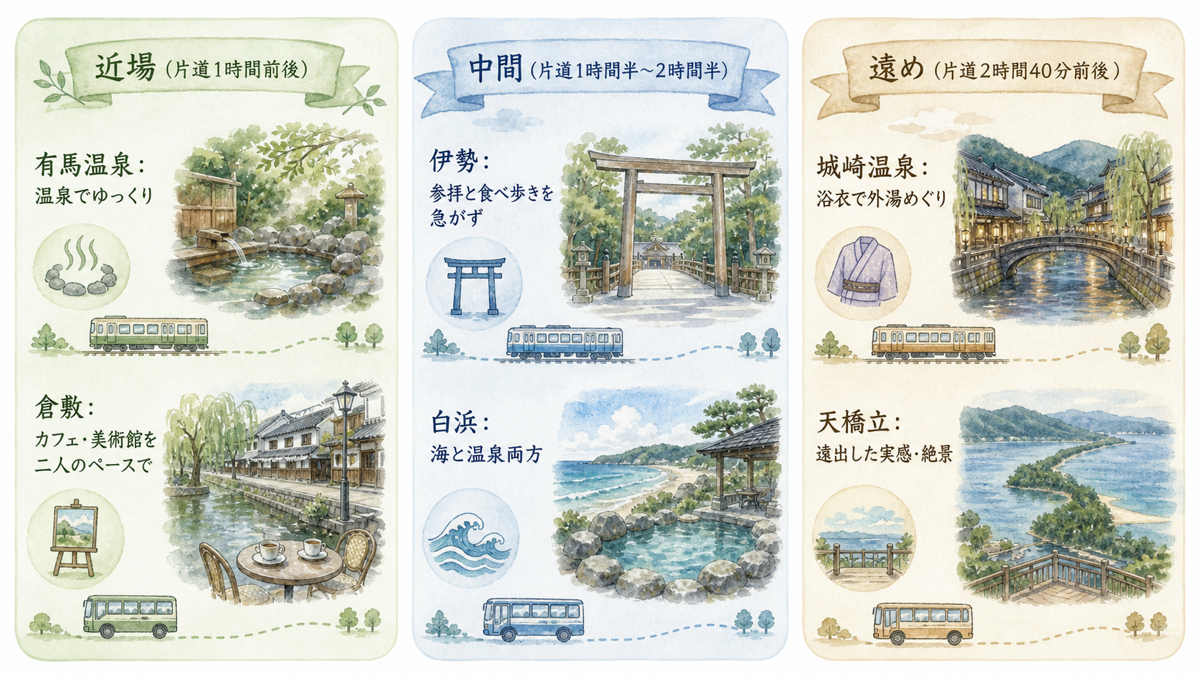 移動時間の近場・中間・遠めの3グループと、二人が楽しみたいことで6つの旅行先を選び分ける図