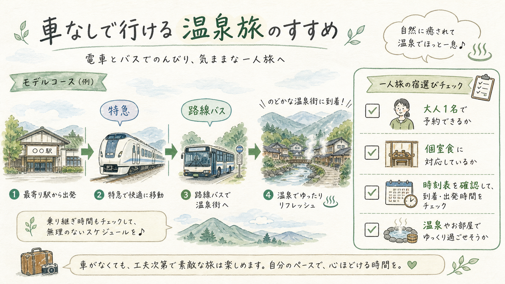 湯村温泉への特急と路線バスの移動、個室食、一人泊条件を確認する図解