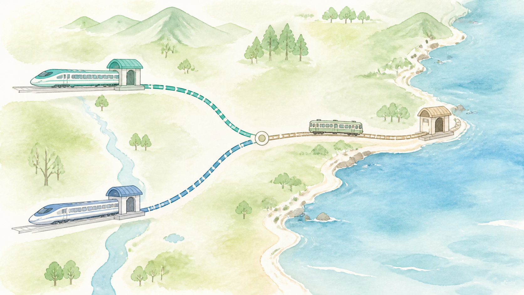 二つの新幹線側の入口から海沿いのローカル線へ合流する概念図
