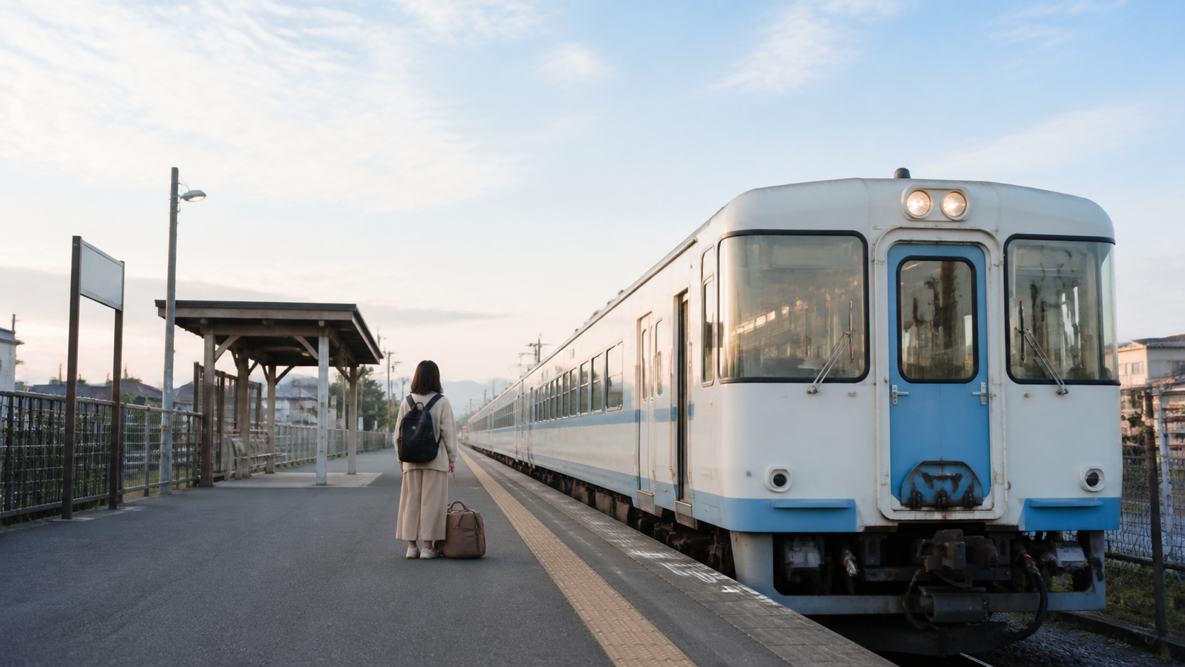 旅行バッグと無地の列車がある出発ホームのイメージ