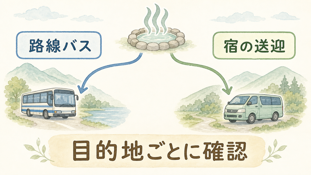 路線バスと宿の送迎を目的地ごとに確認する比較図