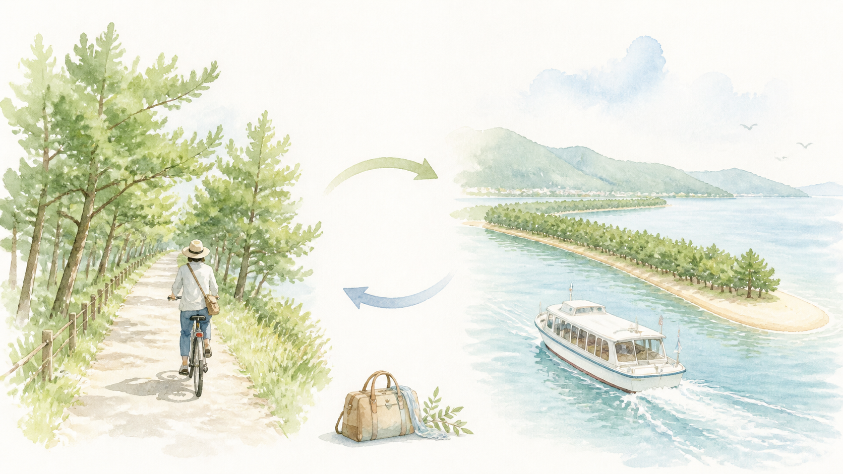 松並木を自転車で走る場面と水上を船で進む場面を組み合わせたイラスト