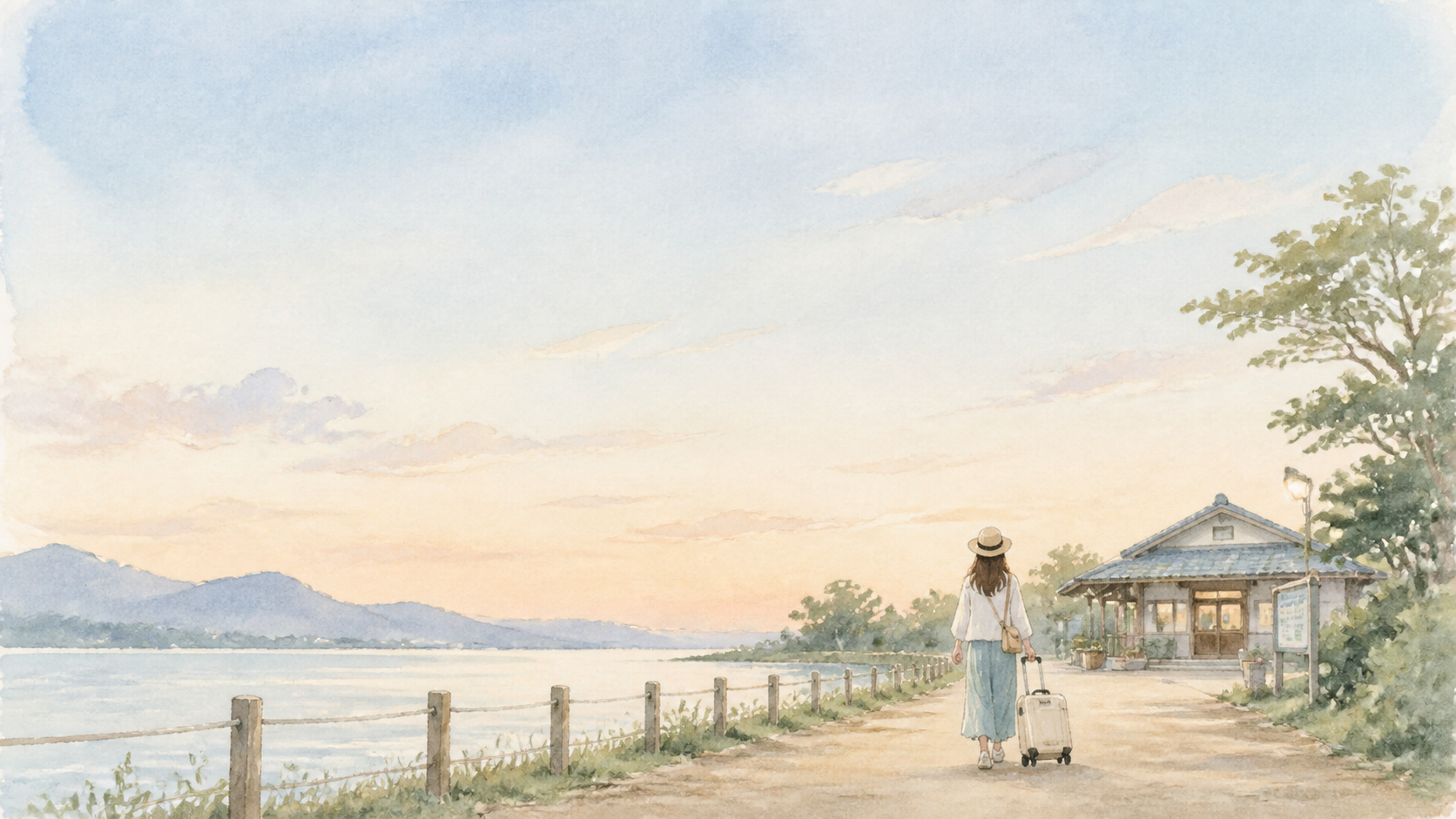 水辺の道を歩いて駅へ戻る旅行者と旅行バッグの夕景イラスト
