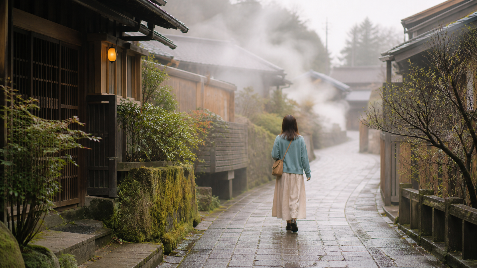実在施設を再現しない温泉街の路地を歩く日帰り旅のイメージ写真