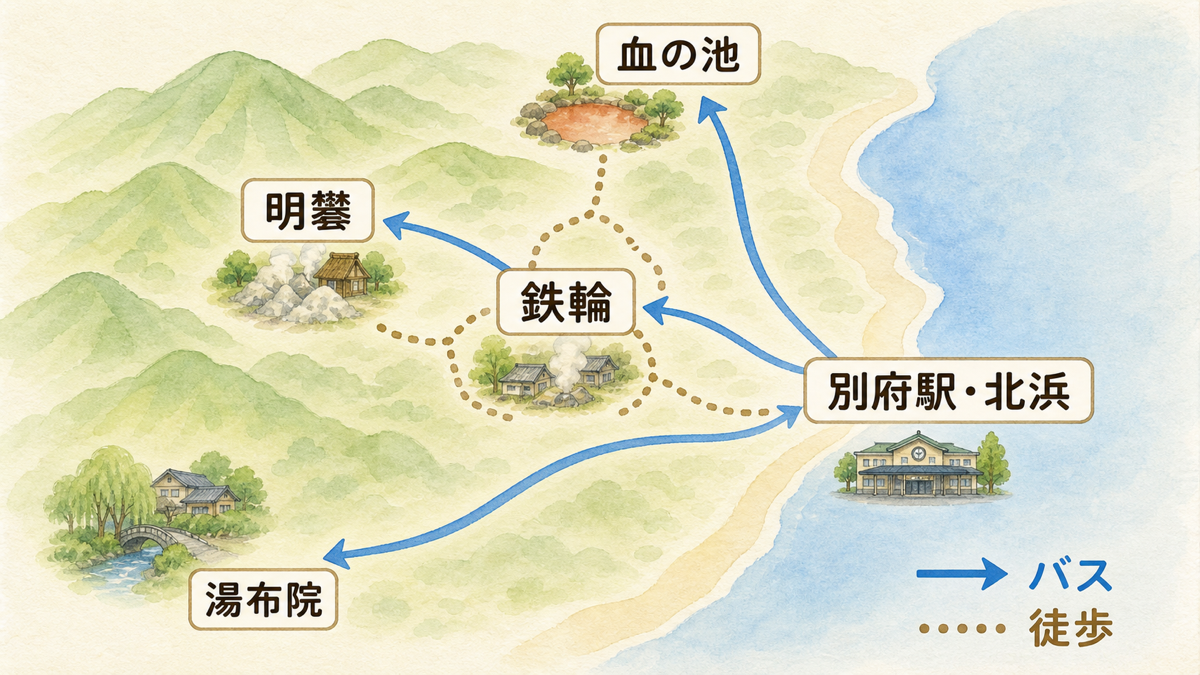 別府駅と北浜を起点に鉄輪・明礬・血の池地獄・湯布院へ向かう概念マップ