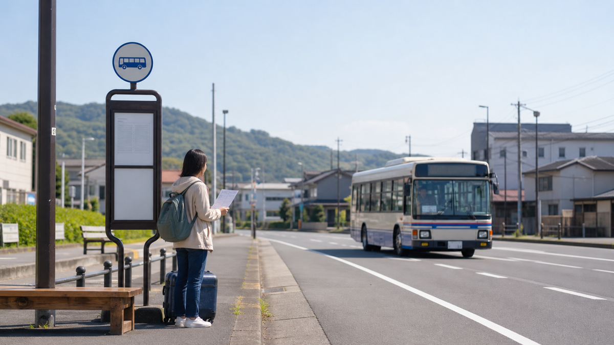 旅行バッグを持って路線バスで温泉エリアへ移動するイメージ