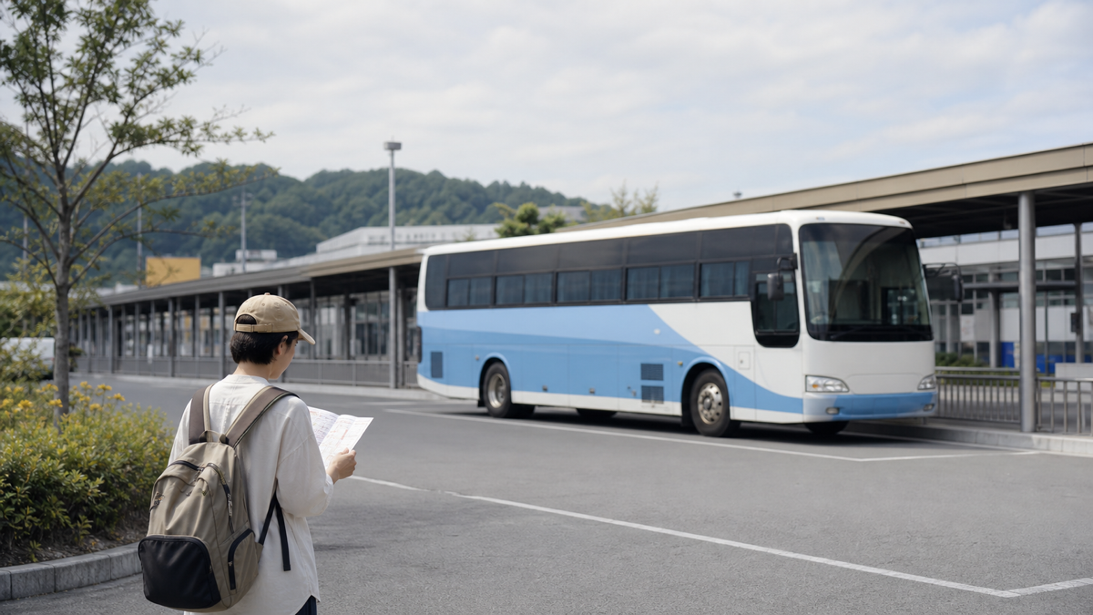 温泉観光地を巡る一般的な定期観光バスと旅行者のイメージ