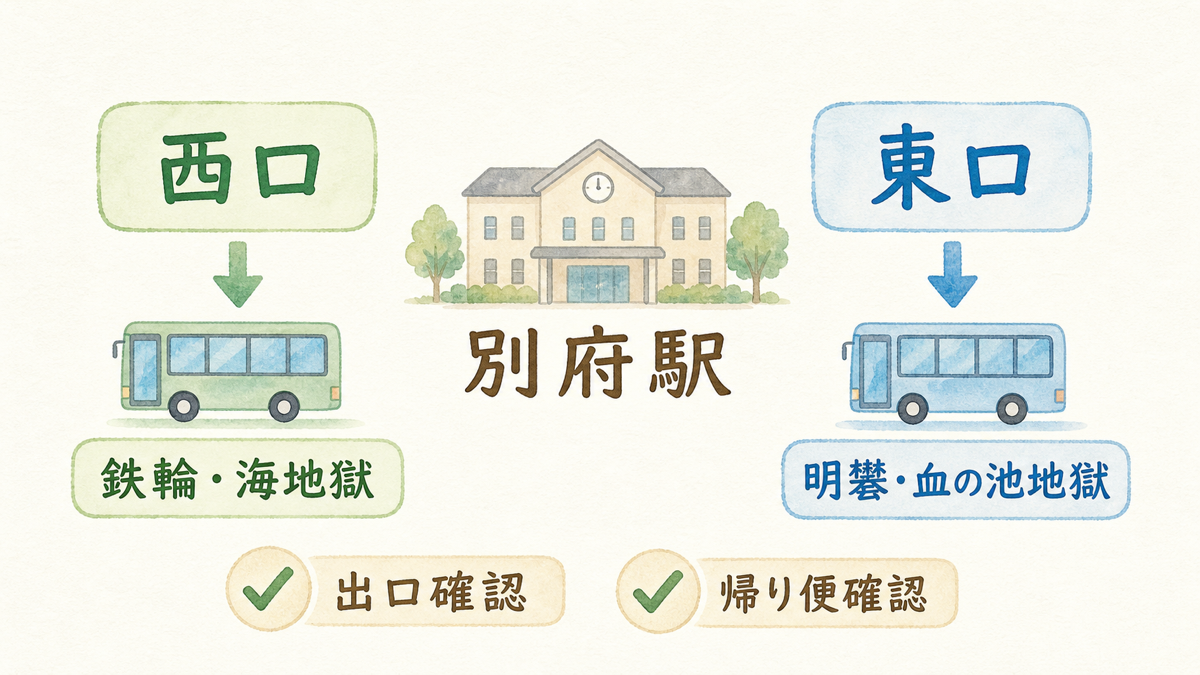 別府駅の西口と東口から鉄輪・明礬・血の池地獄方面へ向かうバスの使い分け図