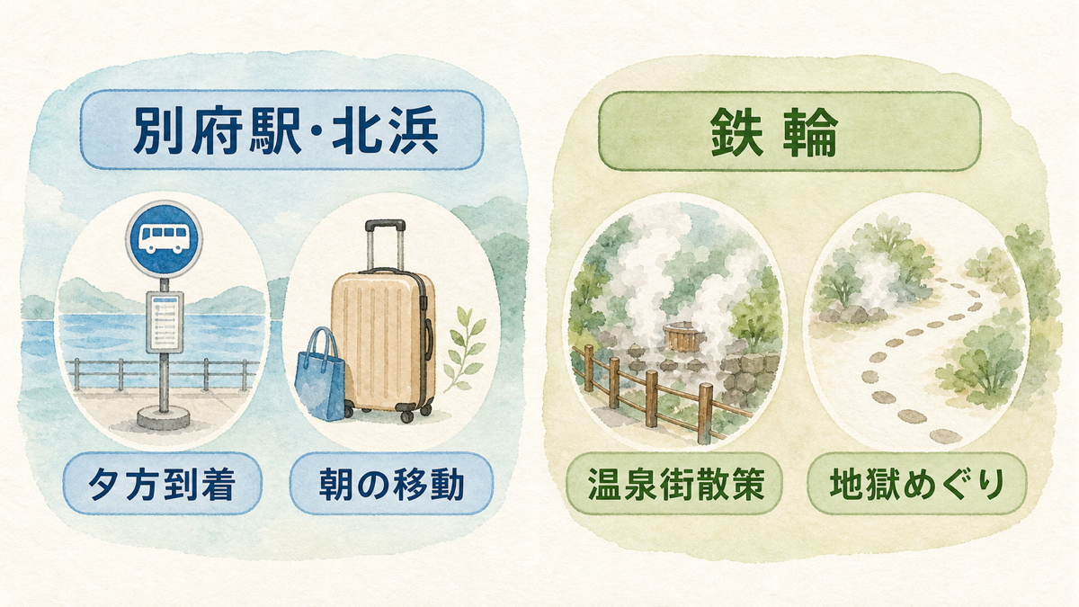 別府駅・北浜泊と鉄輪泊を旅の目的で選ぶ宿泊エリア比較図