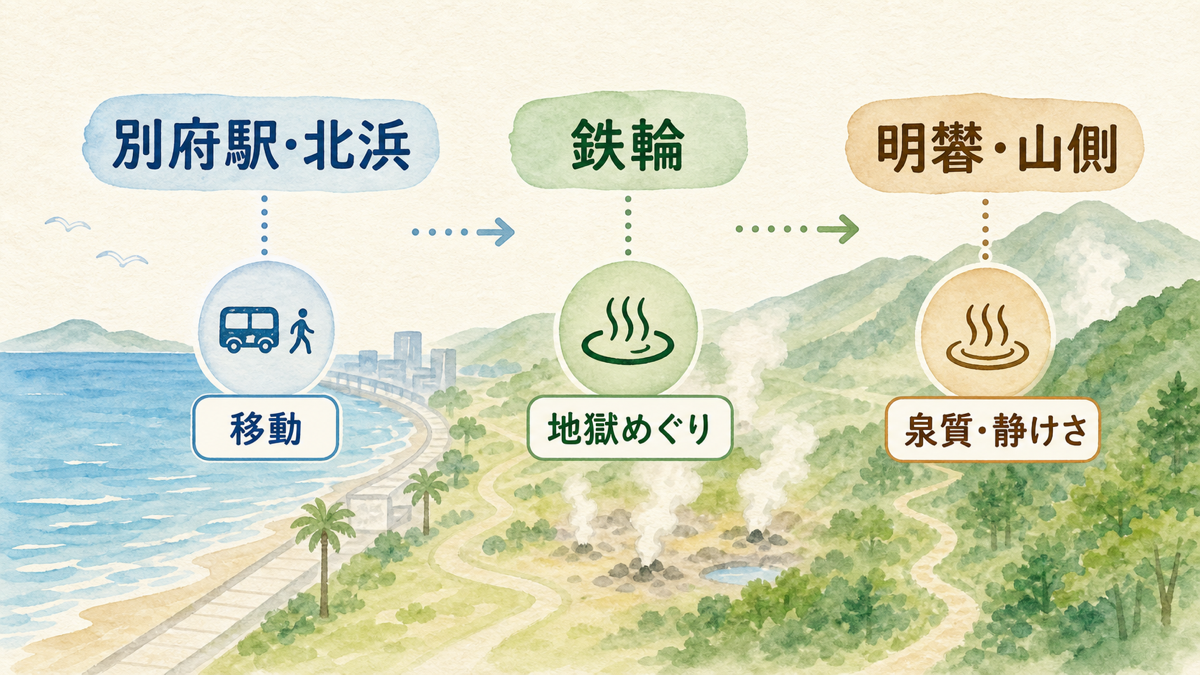 別府駅・北浜、鉄輪、明礬・山側の宿泊エリアを目的別に比べる図解