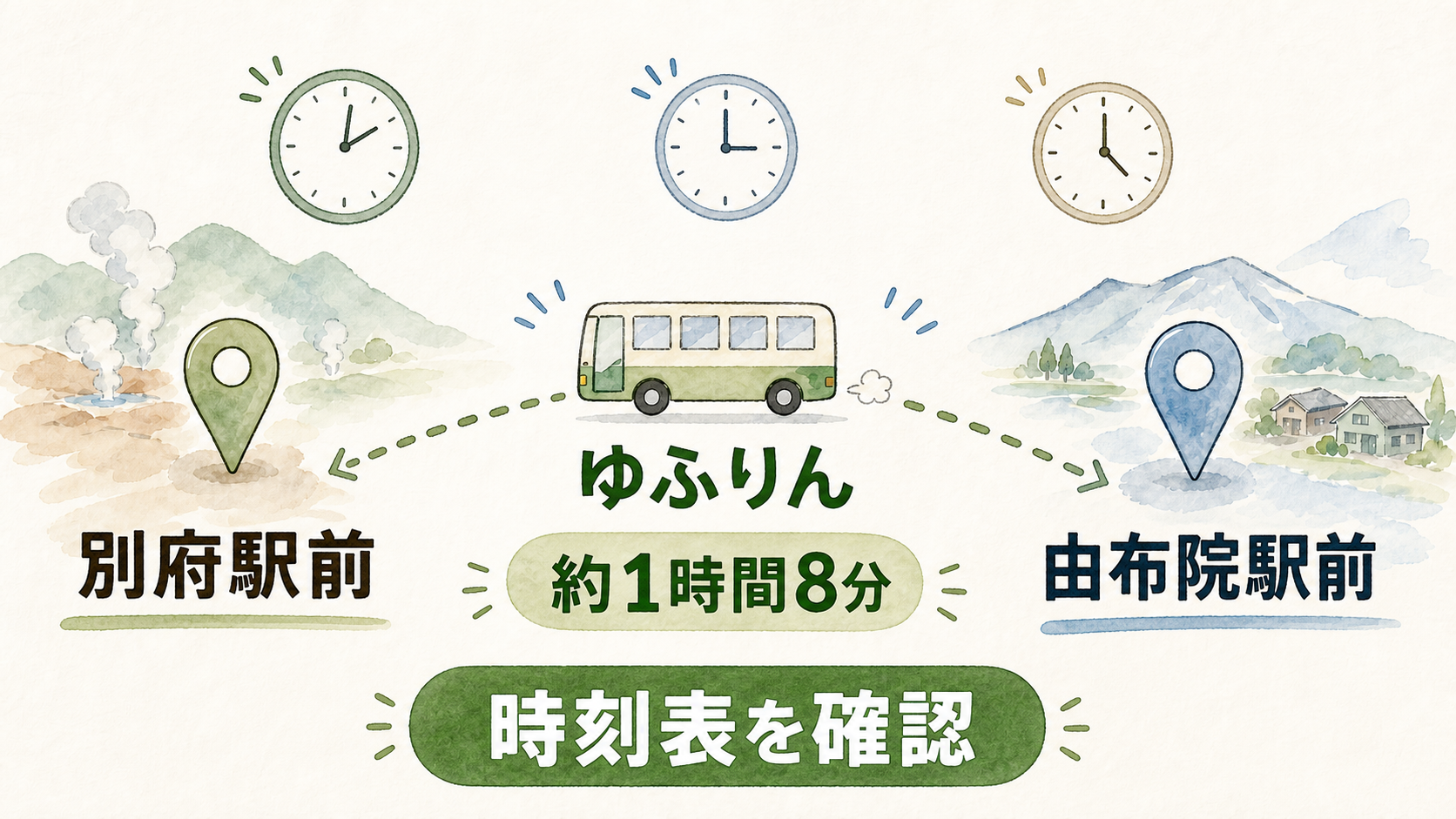 別府と由布院を結ぶバスの時刻と乗り継ぎを確認する旅程図解