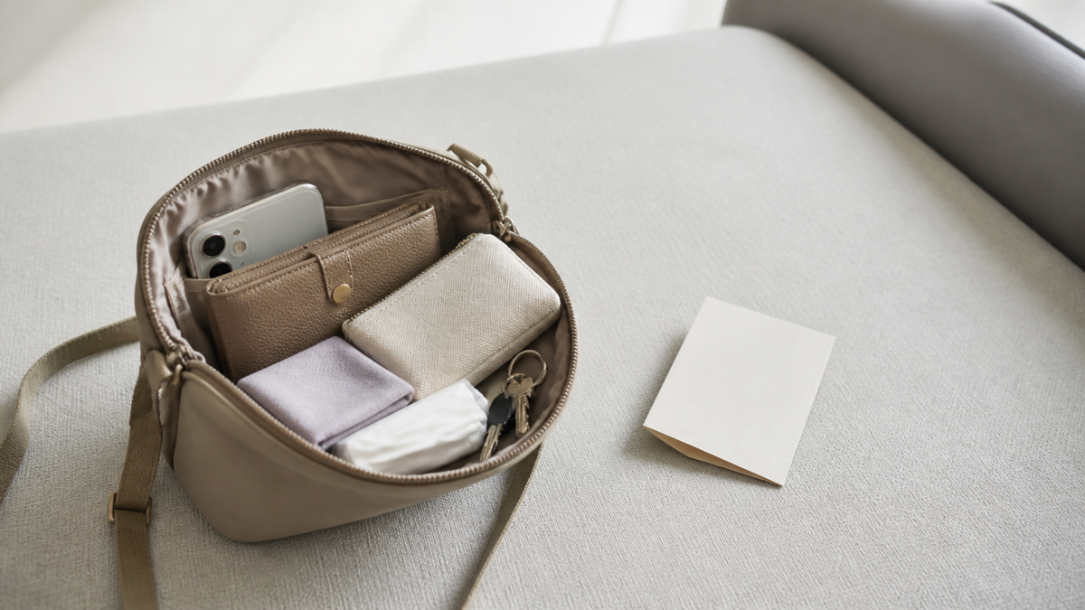 小さなバッグに貴重品とスマートフォンを整理する日帰り旅行の準備