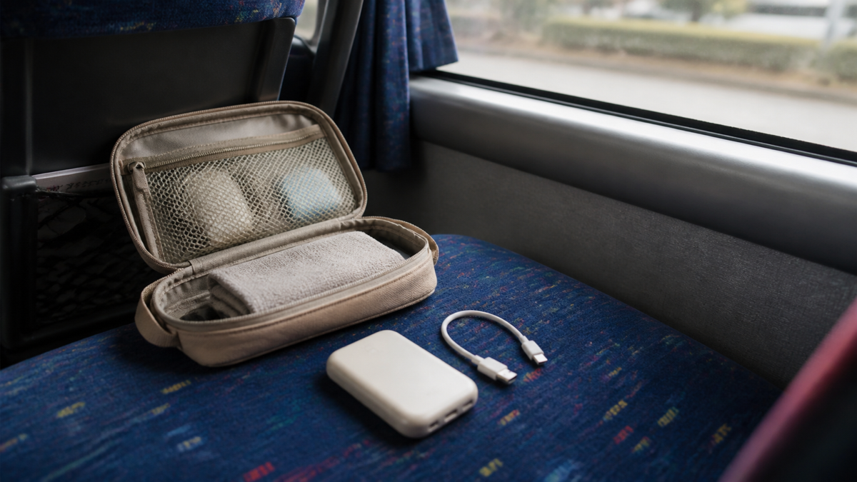 軽量モバイルバッテリーと短い充電ケーブルを小バッグへ準備するイメージ