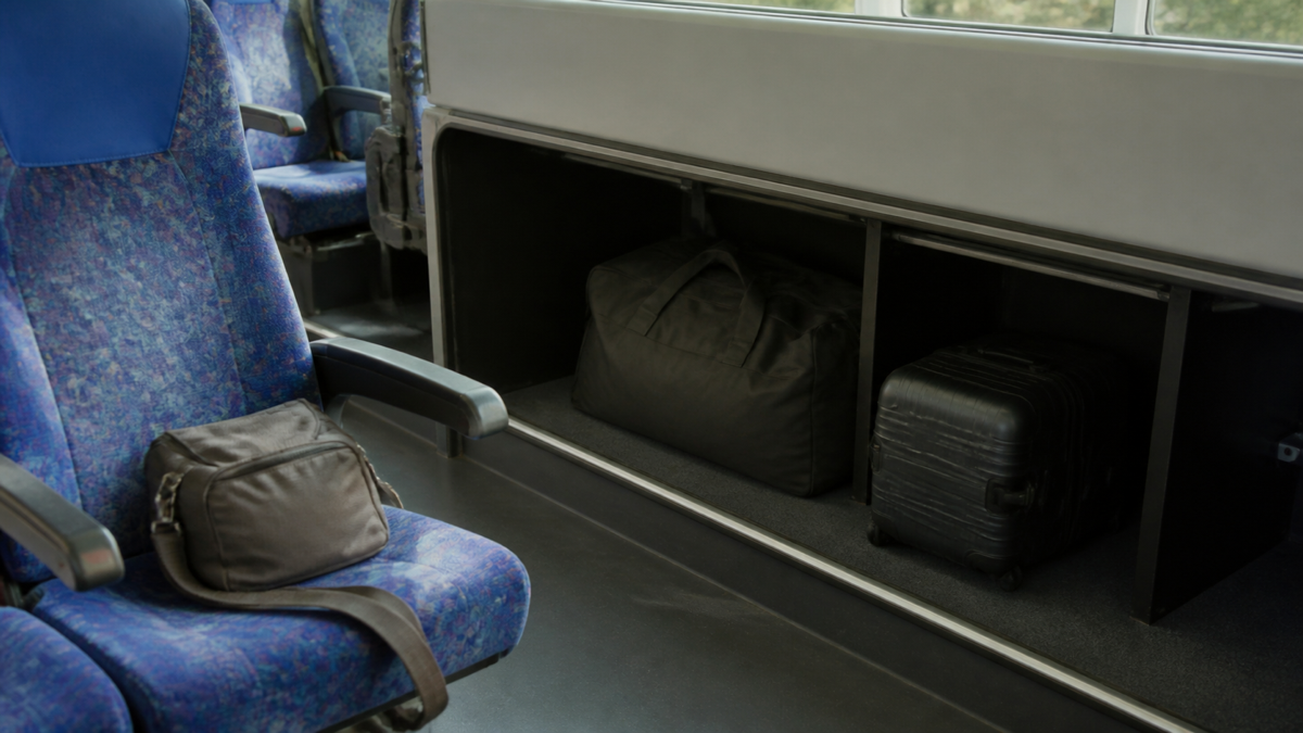 バスの荷物置き場に置かれた大きなバッグと手元で管理する小バッグ