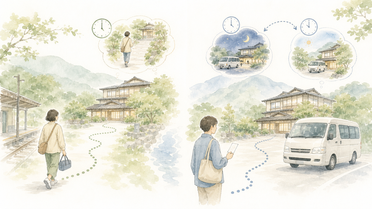 駅から歩くルートと事前予約の送迎を比べる宿泊旅行の概念イラスト