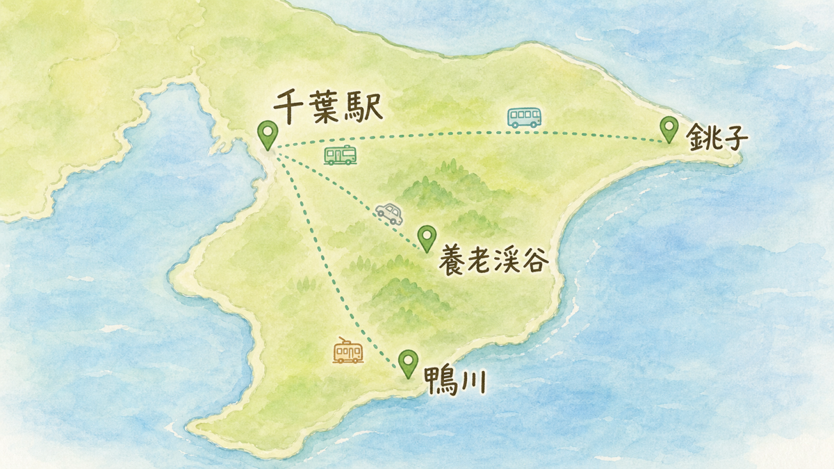 千葉駅と鴨川・小湊温泉、犬吠埼温泉、養老渓谷温泉の位置関係を示す簡略マップ