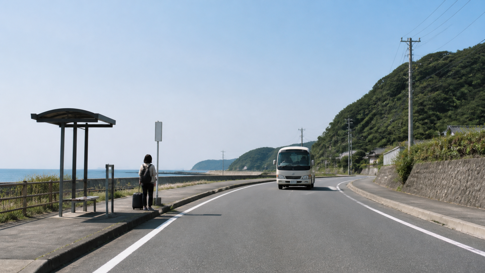 海沿いの小さなバス停と無地の地域バスのイメージ