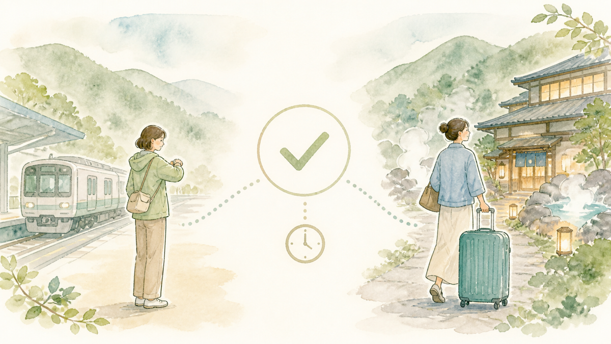 帰りの列車を確認する日帰り旅と温泉宿に泊まる旅の選び方を表したイラスト