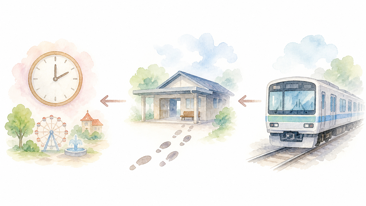 帰りの電車から現地滞在時間を逆算する概念図