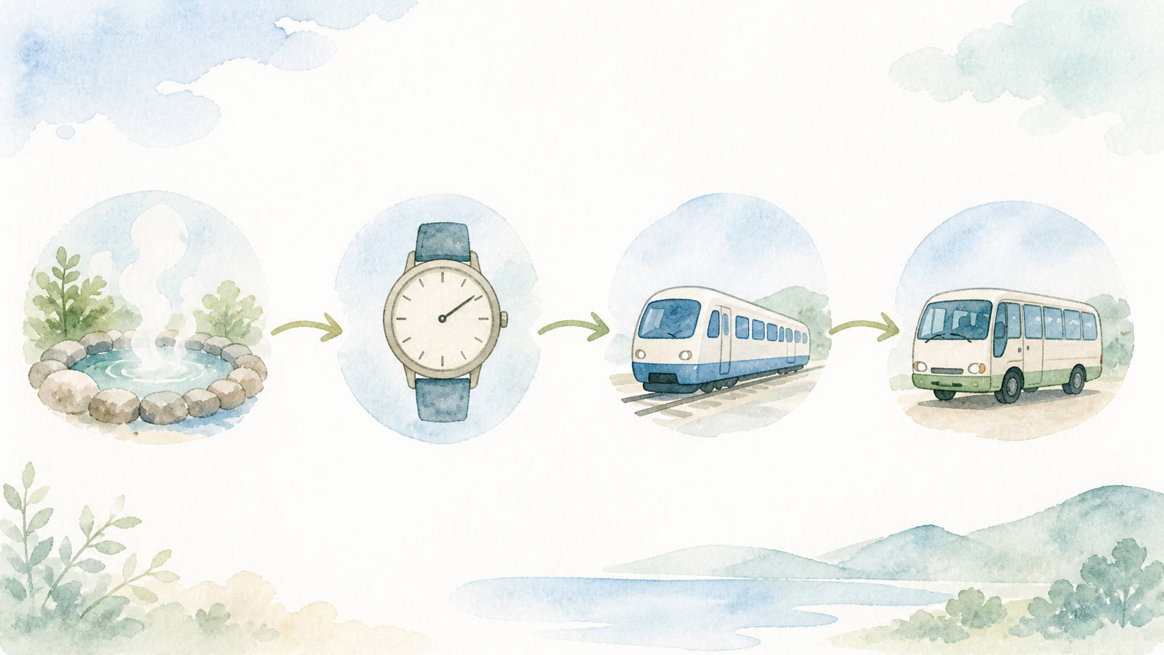 湯気・時計・列車・バスを組み合わせた日帰り時間計画の概念図