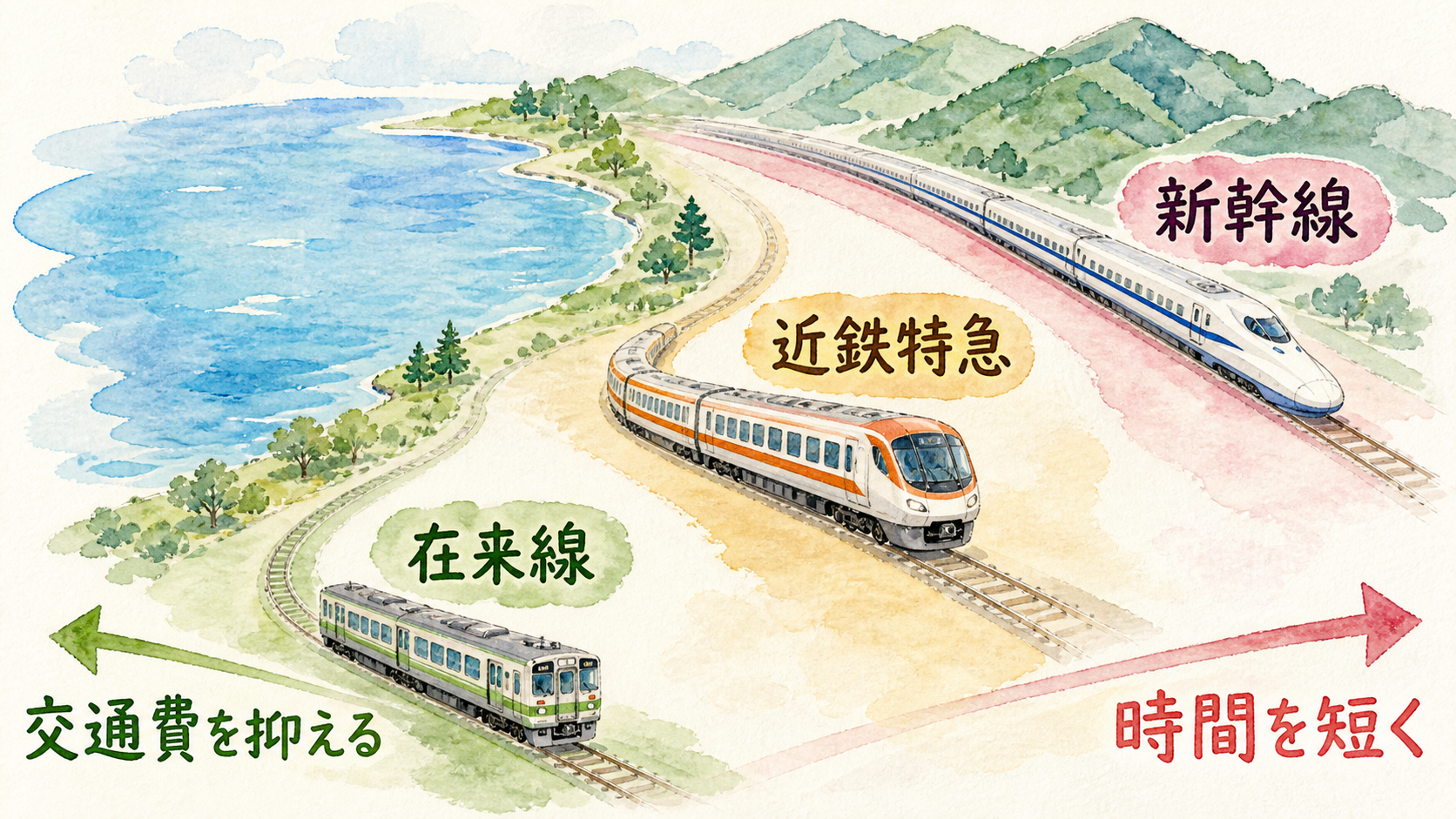 在来線・近鉄特急・新幹線の時間短縮と交通費のバランスを示す比較図