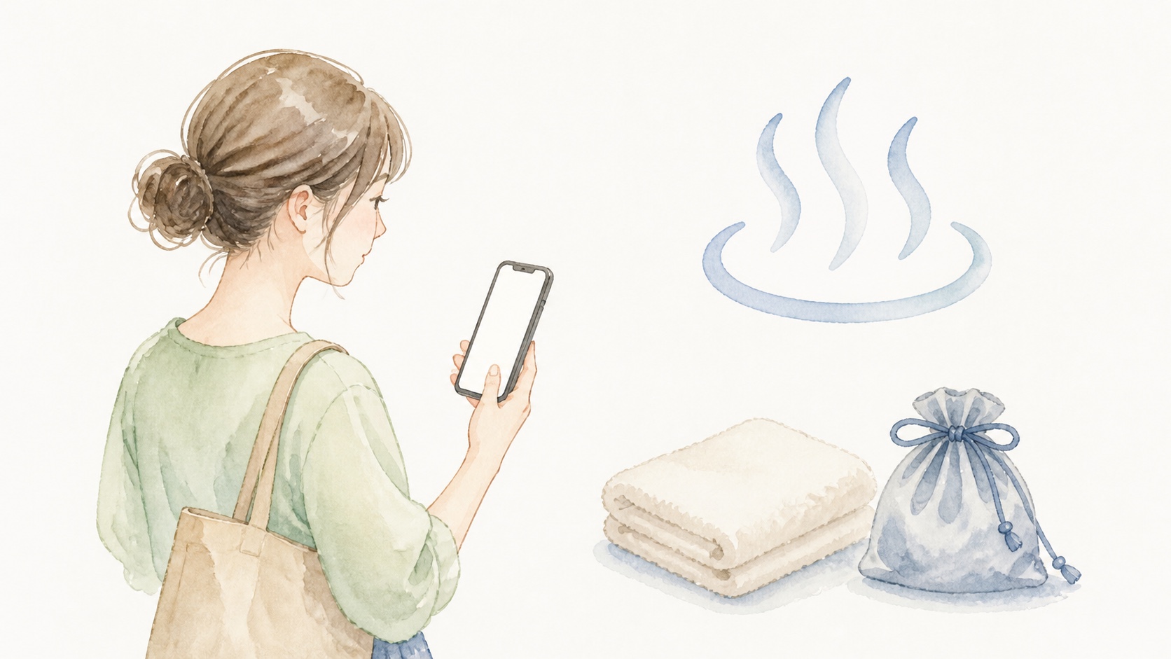 日帰り温泉の利用条件を確認するスマートフォンとタオルの手描き図