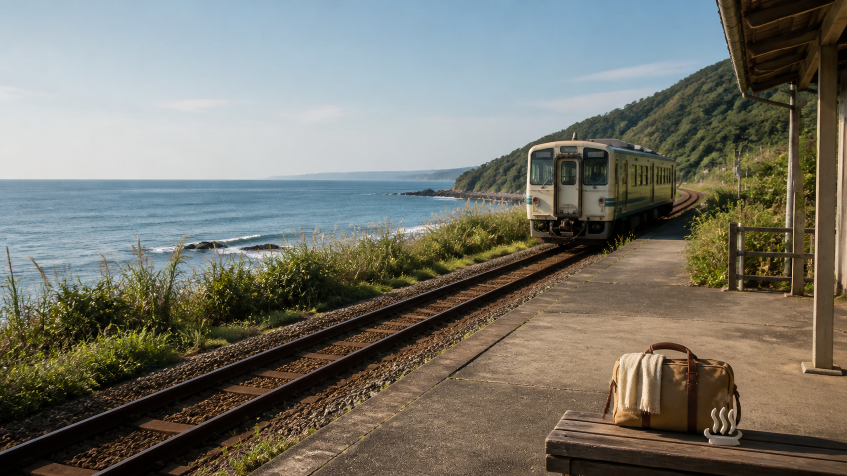 海岸線を走る無地の列車と海辺の温泉を表す湯気のイメージ