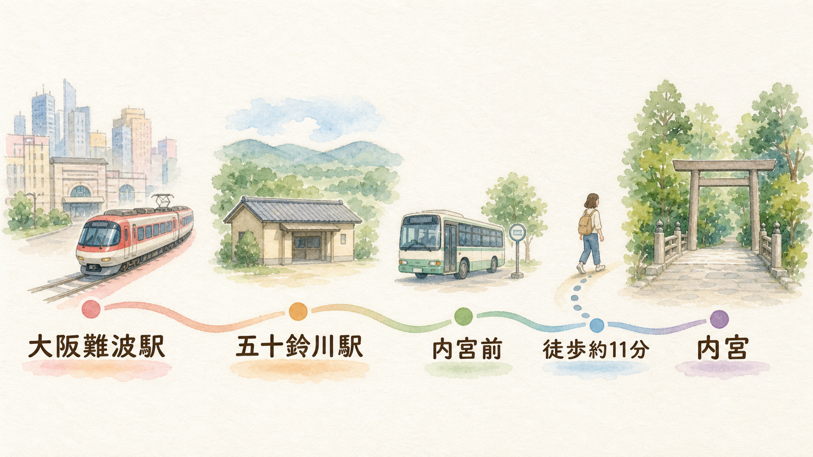 大阪難波駅から近鉄特急・バス・徒歩で伊勢神宮内宮へ向かうルート図