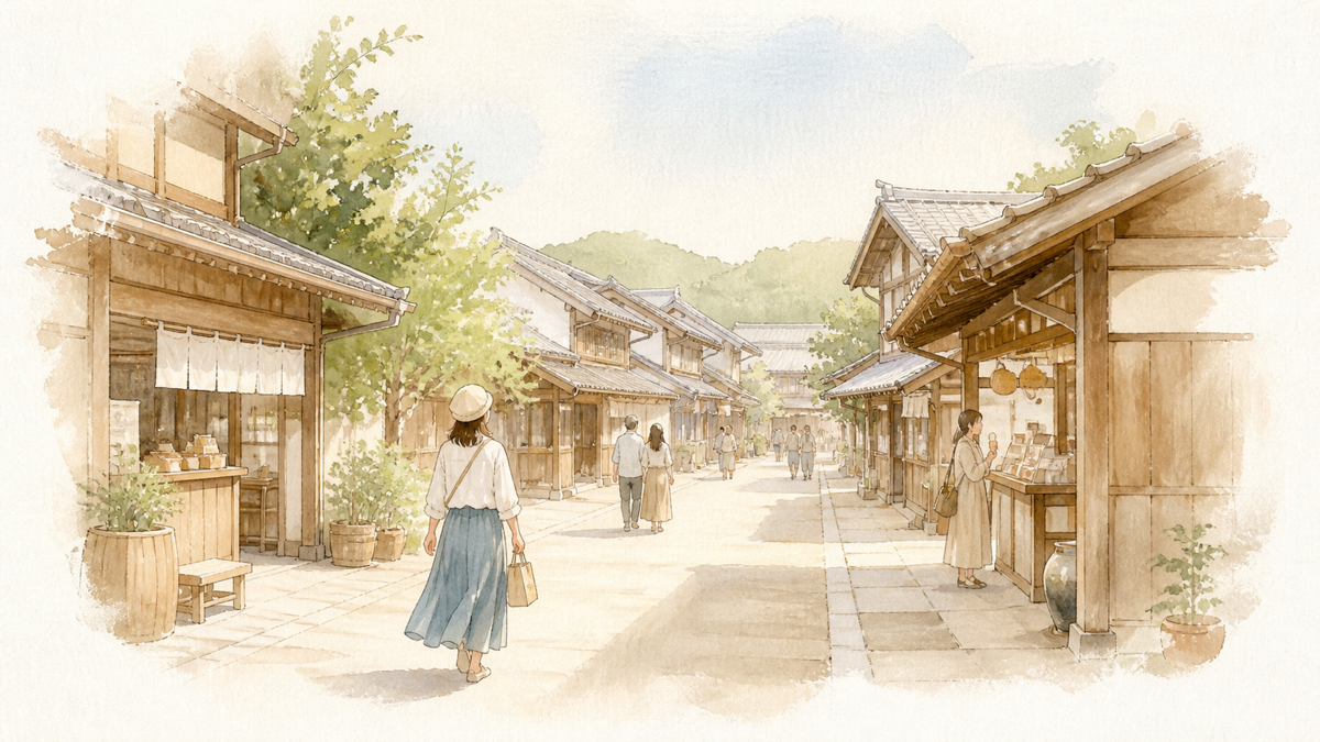 おはらい町を歩きながら食べ歩きや土産探しを楽しむ旅行者のイメージ