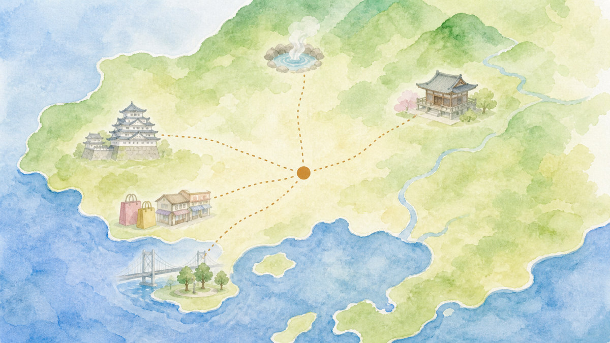 神戸を基準に5つの日帰り候補の方角を示す概念マップ