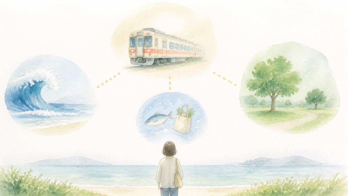 電車で近場の海辺と街歩きへ向かう日帰り旅行の概念イラスト