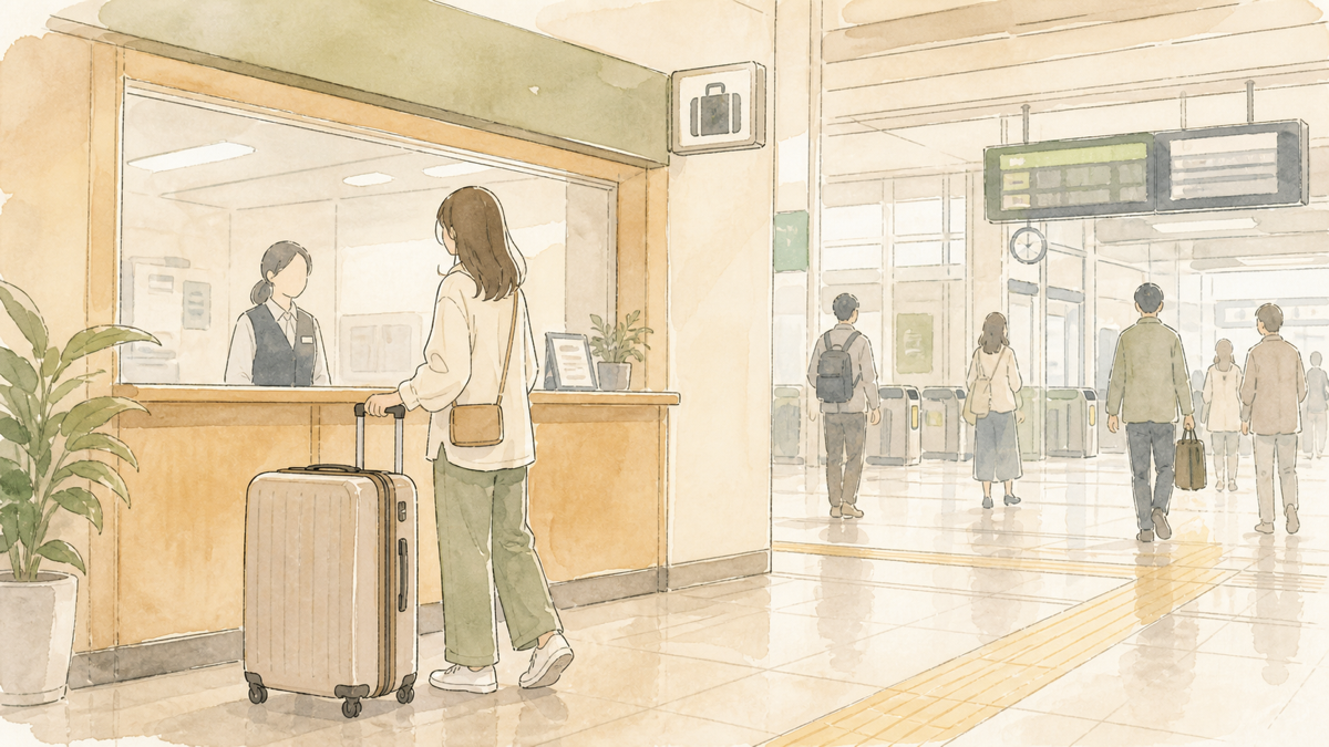 倉敷駅到着後にスーツケースを預け小さなバッグへ持ち替える旅行者
