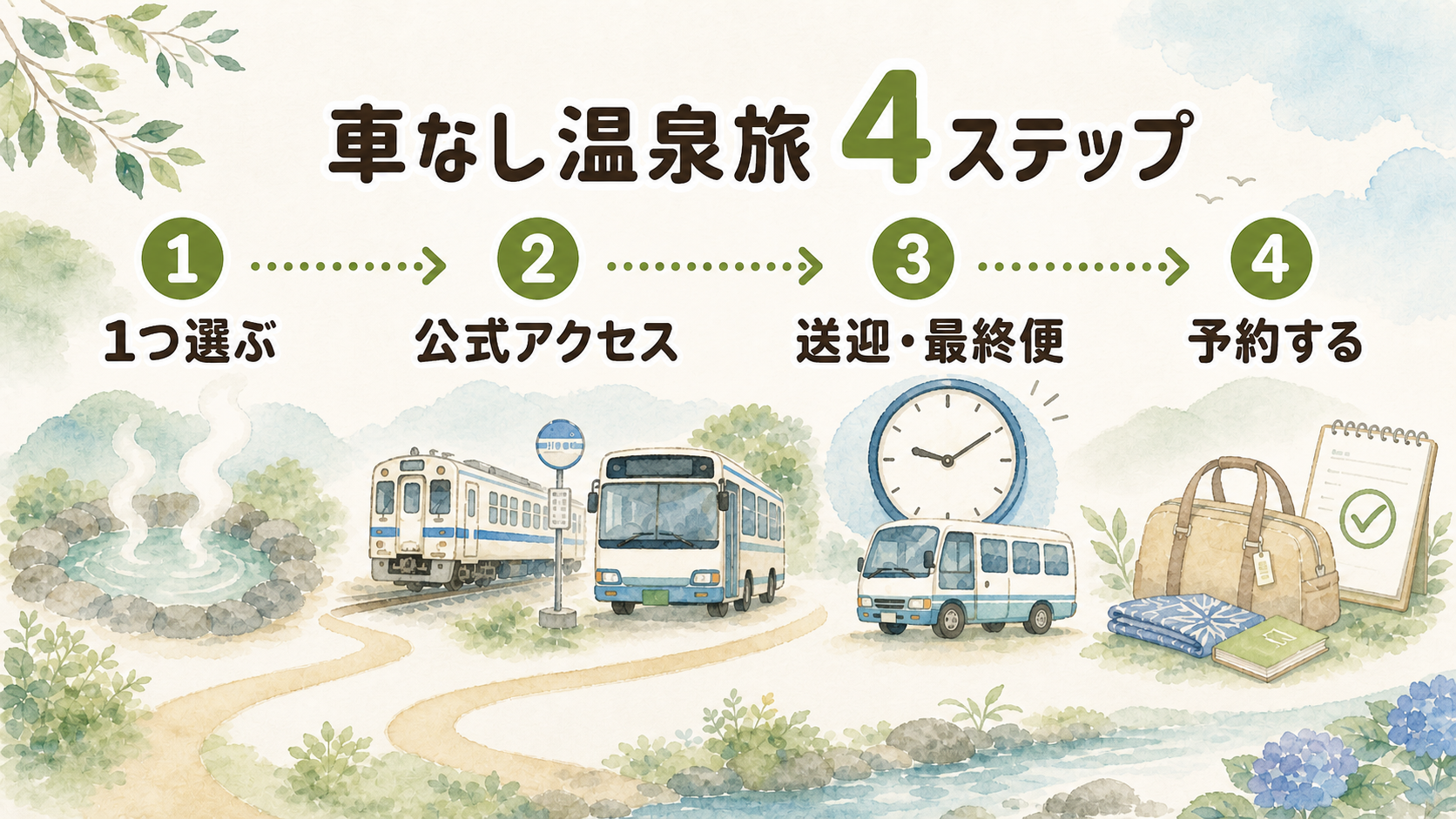 九州の車なし温泉旅を始める4ステップの行動フロー
