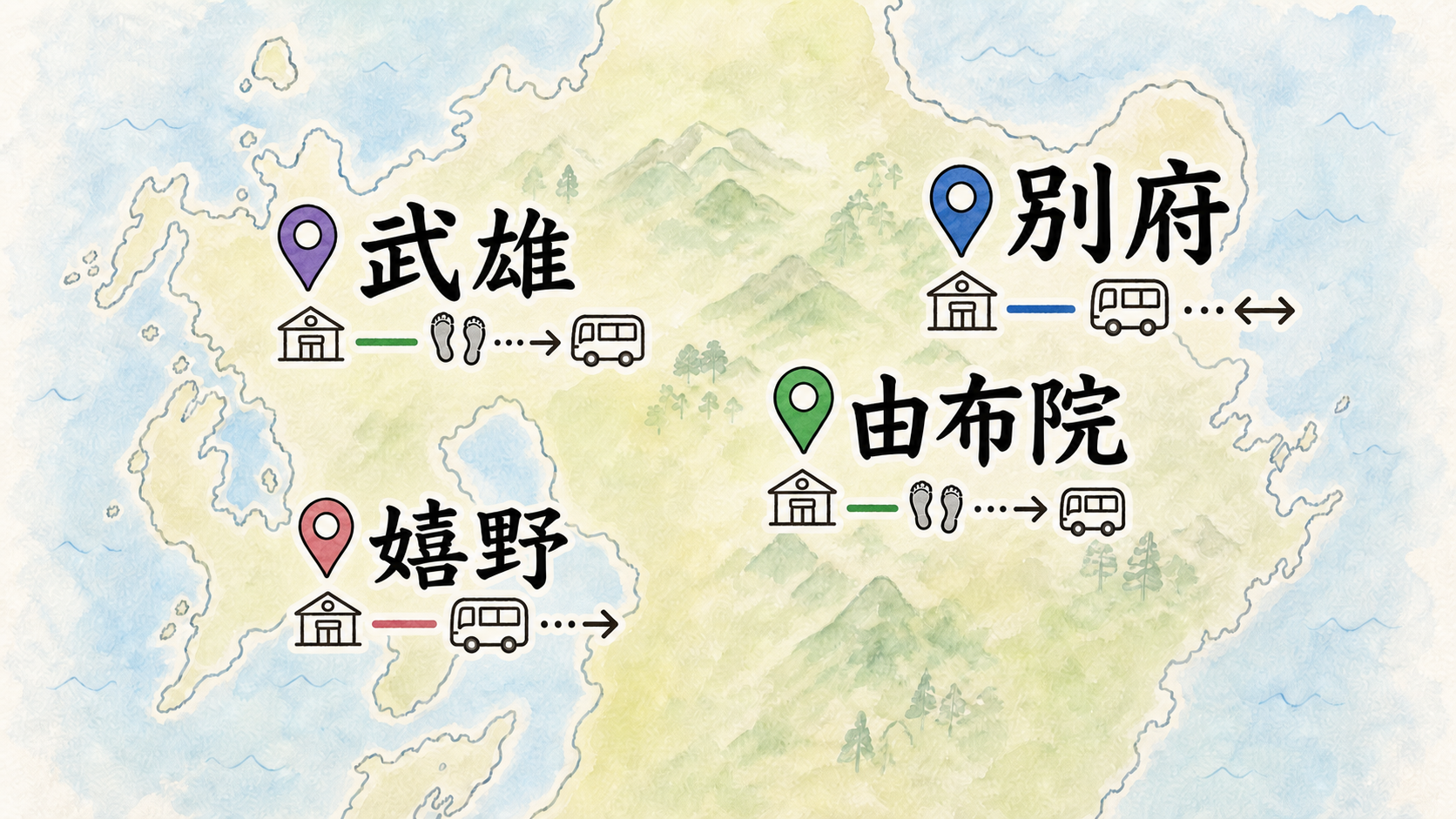 別府・由布院・武雄・嬉野を駅から温泉街への移動手段で比べる九州の簡略地図