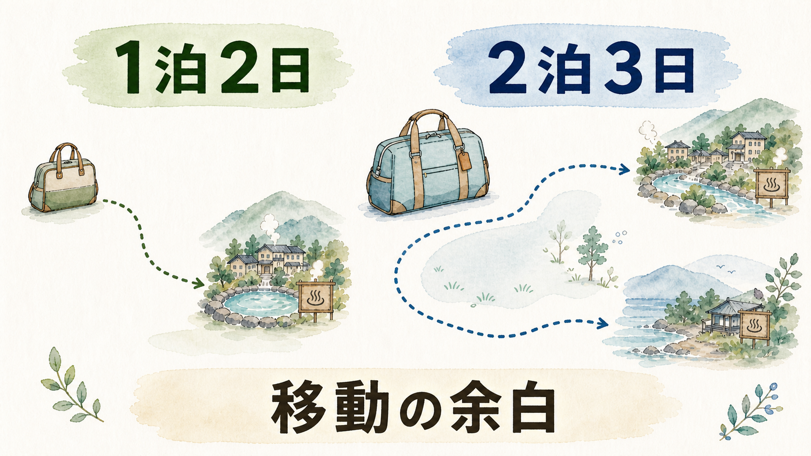1泊2日と2泊3日の荷物を持つ移動回数と旅程の余白を比べる図解
