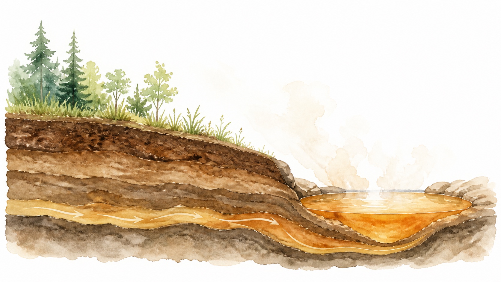 植物由来の層を通る温泉水を表した手描きの概念図