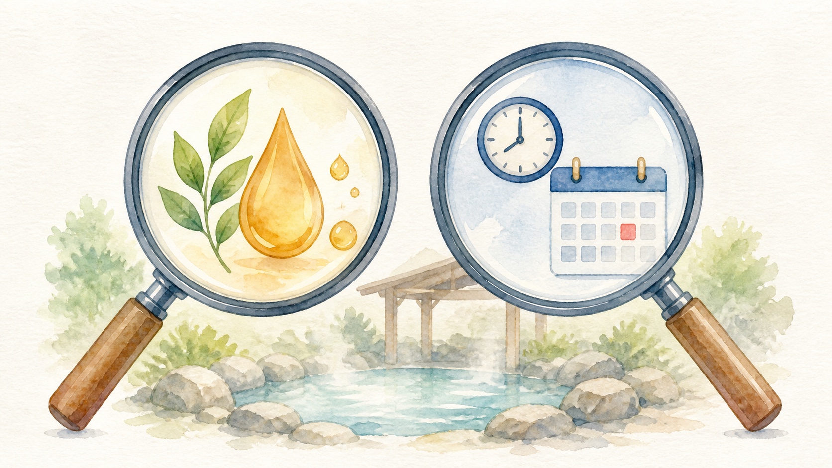 温泉の根拠と営業条件を二つの虫眼鏡で確認する手描き図