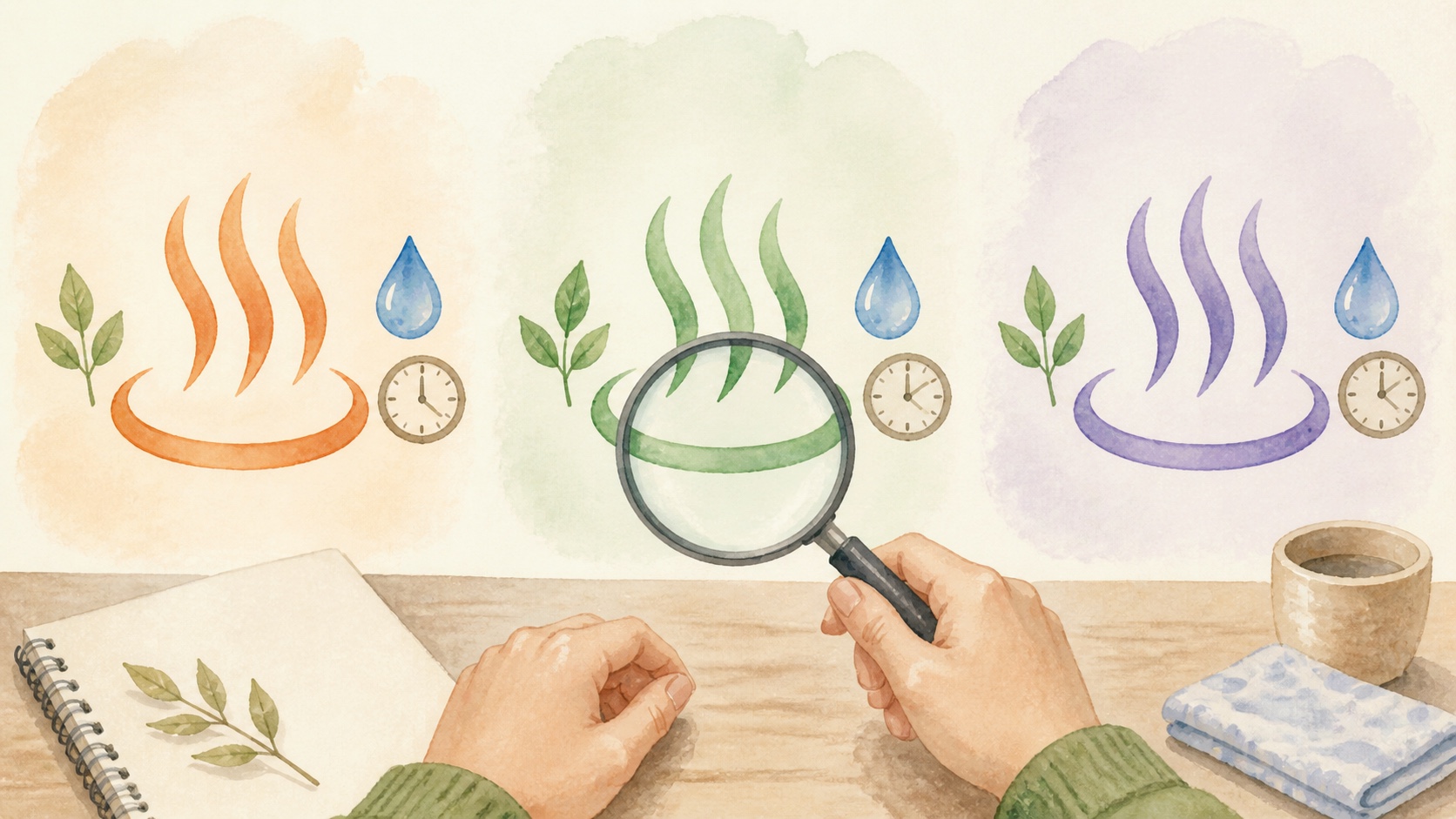 三つの温泉候補を根拠と利用条件で見比べる手描き図