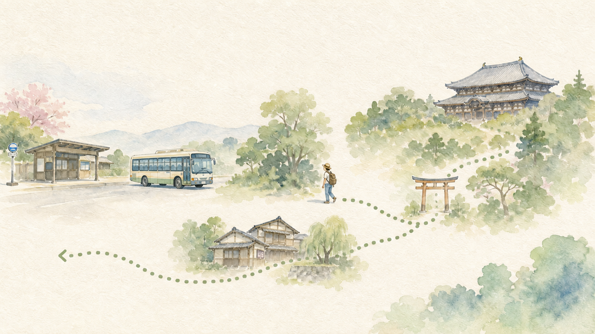 バスで東へ先回りし西へ歩く奈良の日帰りコースを表すイラスト