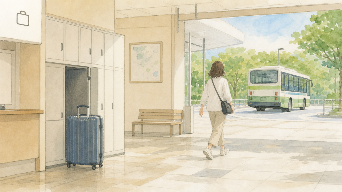 奈良駅でスーツケースを置き小さなバッグで路線バスへ向かう旅行者