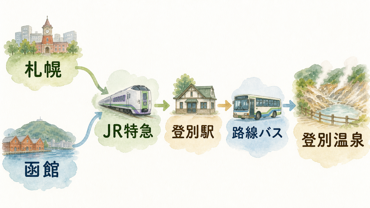 JR特急から登別駅の路線バスへ乗り継ぎ登別温泉へ向かう移動導線図