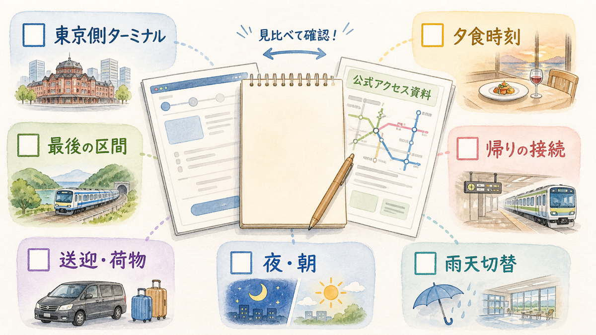 宿の予約前に公式アクセス情報と予約画面を照合するチェック項目の図