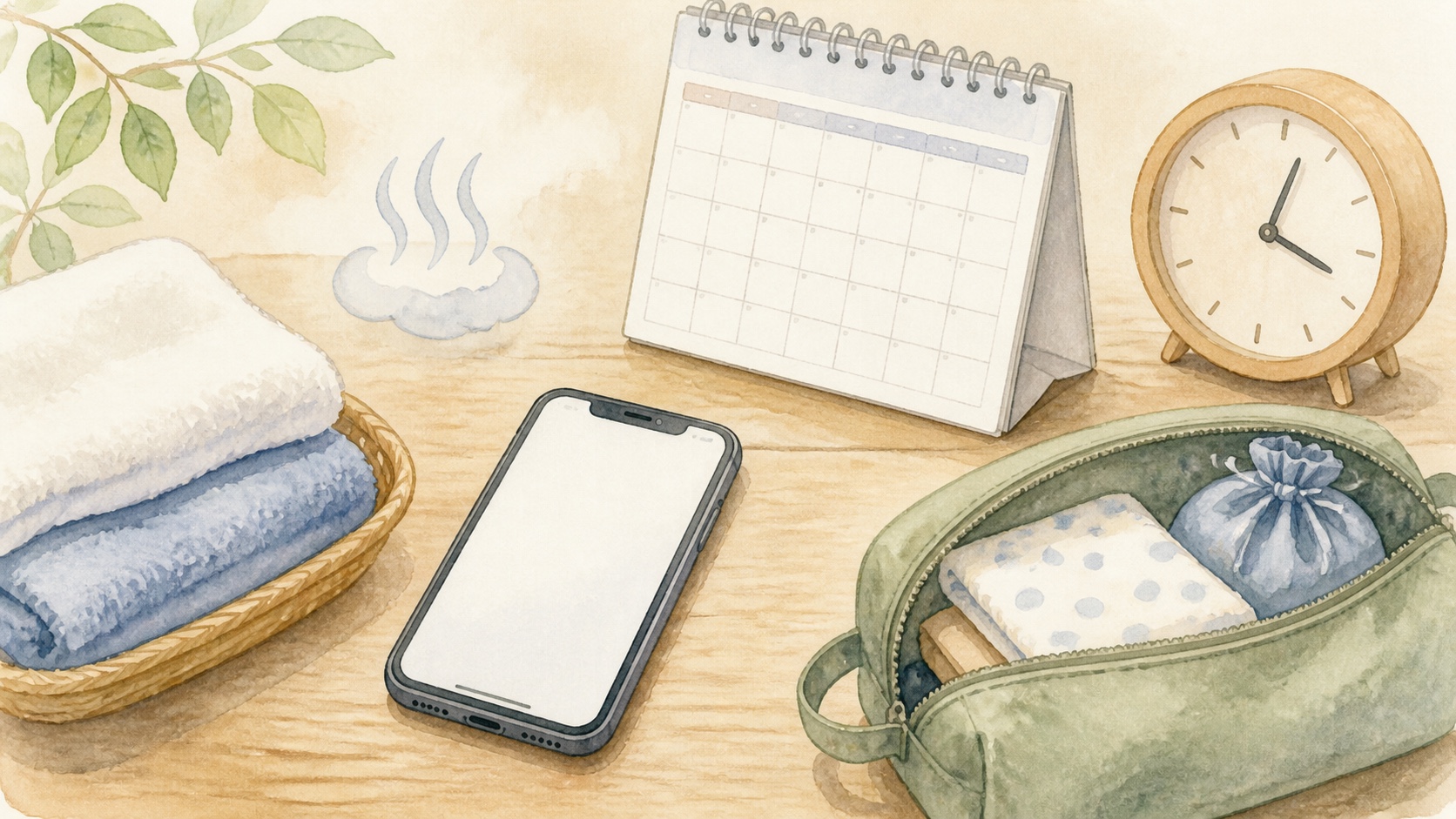 日帰り温泉へ出発する前の確認を表した手描きイメージ
