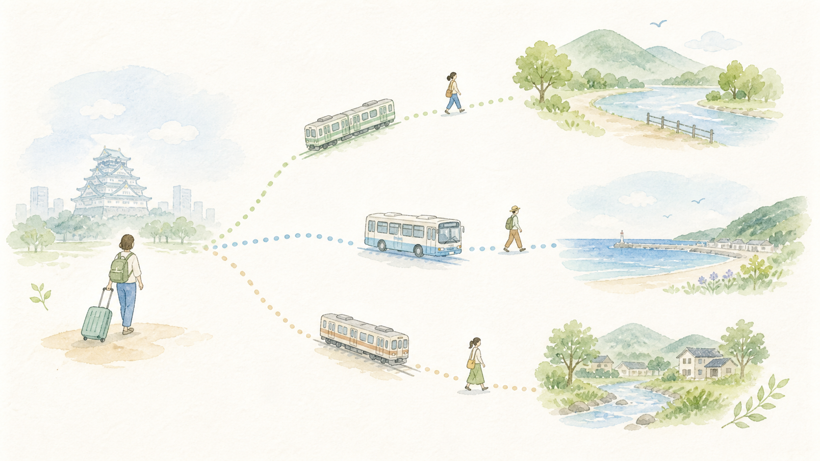 大阪から電車やバスで弾丸日帰り旅行へ向かうイメージイラスト