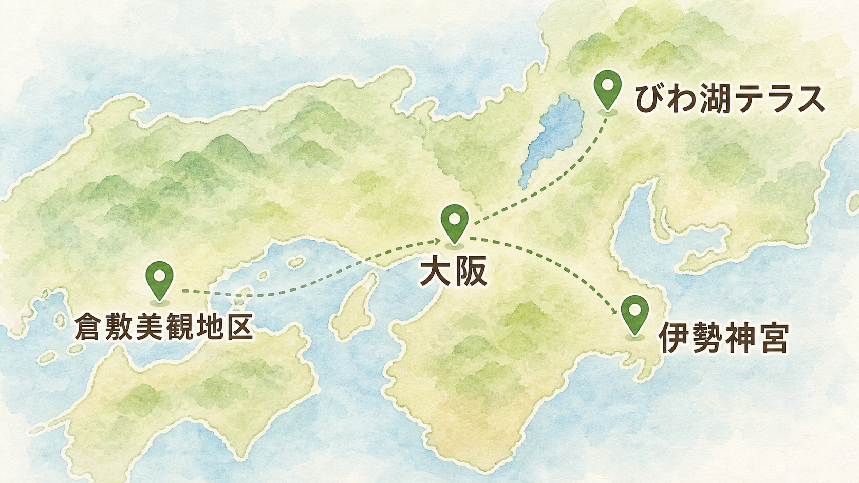 大阪からびわ湖テラス・伊勢神宮・倉敷美観地区への位置関係を示す簡略マップ