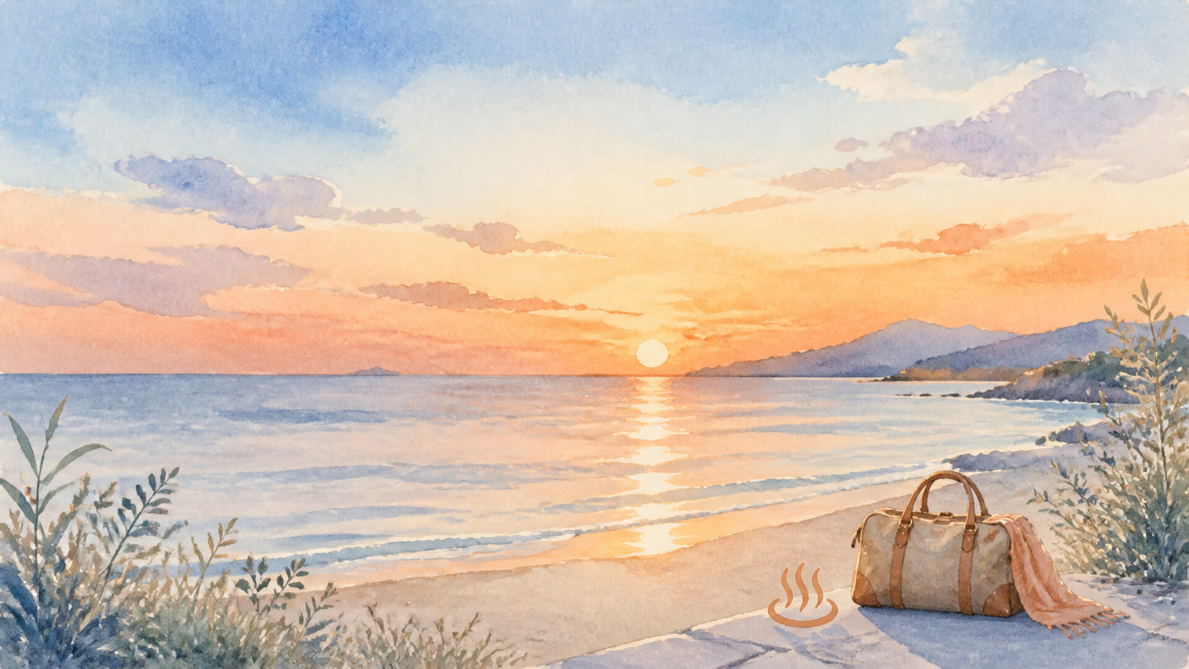 夕暮れの海と湯気を描いた宿泊旅の水彩イラスト